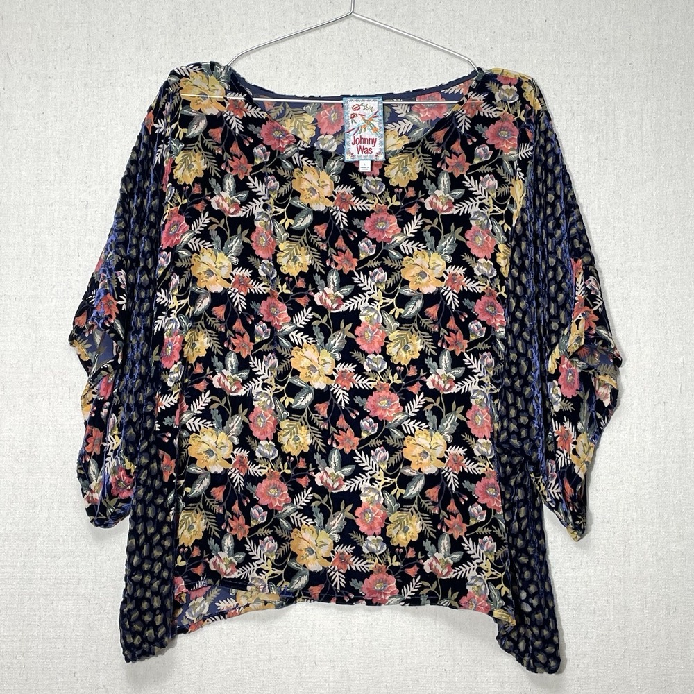 Johnny Was Velvet Burnout Blouse Women's L Blue Floral Print Kimono Sleeve Silk - Picture 2 of 15